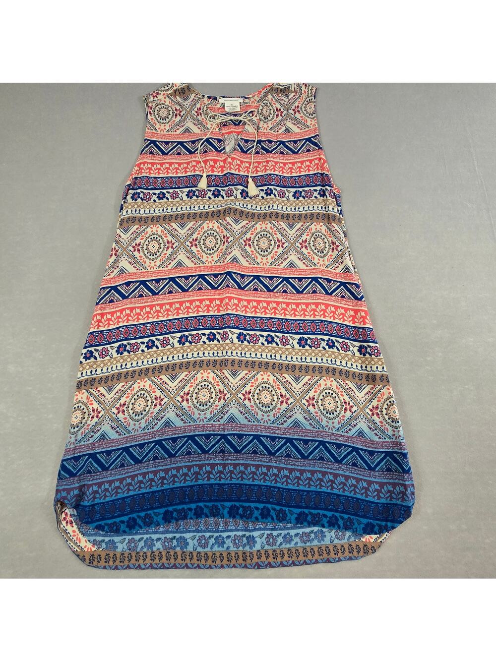 Beach Lunch Lounge Sleeveless Round Neck Tassel Tie Geo Print Blue Coral Dress